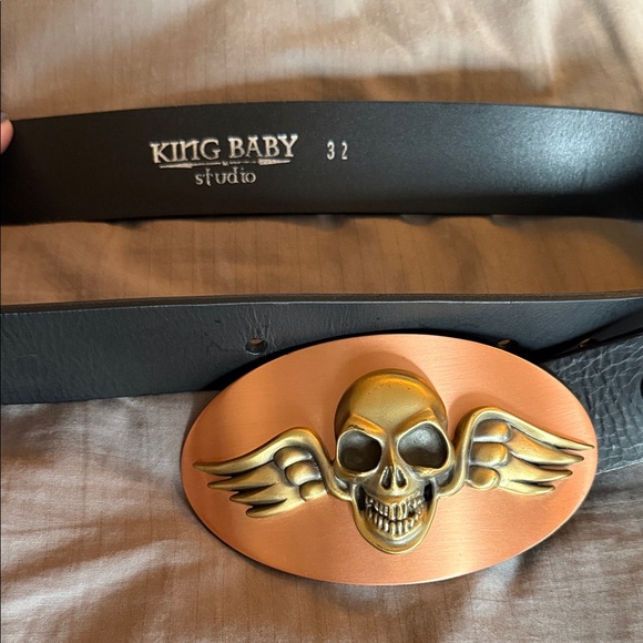 King Baby Studio Black Leather Bag with Gold Winged Skull...
